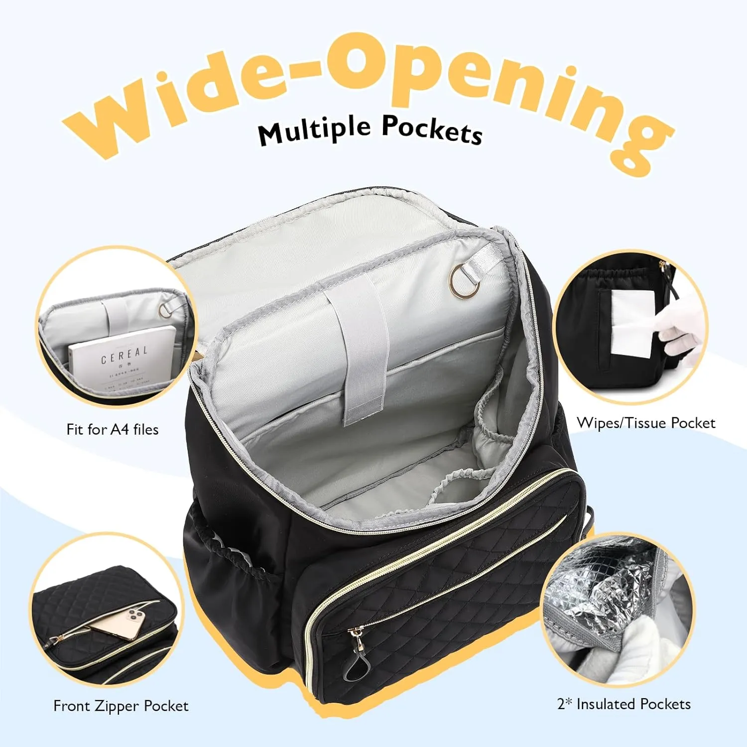 Large Capacity Diaper Bag Backpack with Stroller Buckle, Water-Resistant Travel Backpack with Insulated Pockets (Neoprene, Grey)