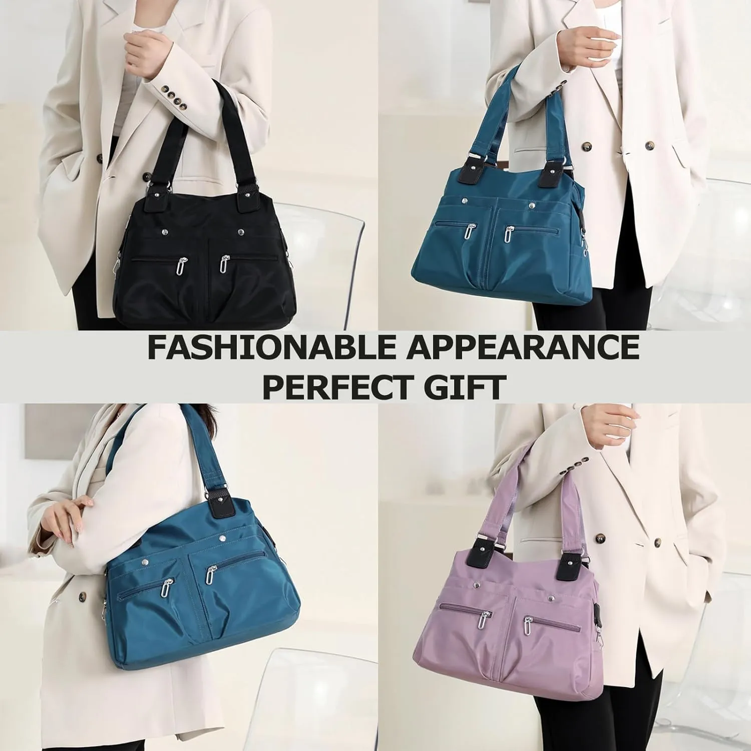 Large Capacity Lightweight Waterproof Multi-Pocket Nylon Shoulder Bag with Zipper, Crossbody Travel Messenger Bag