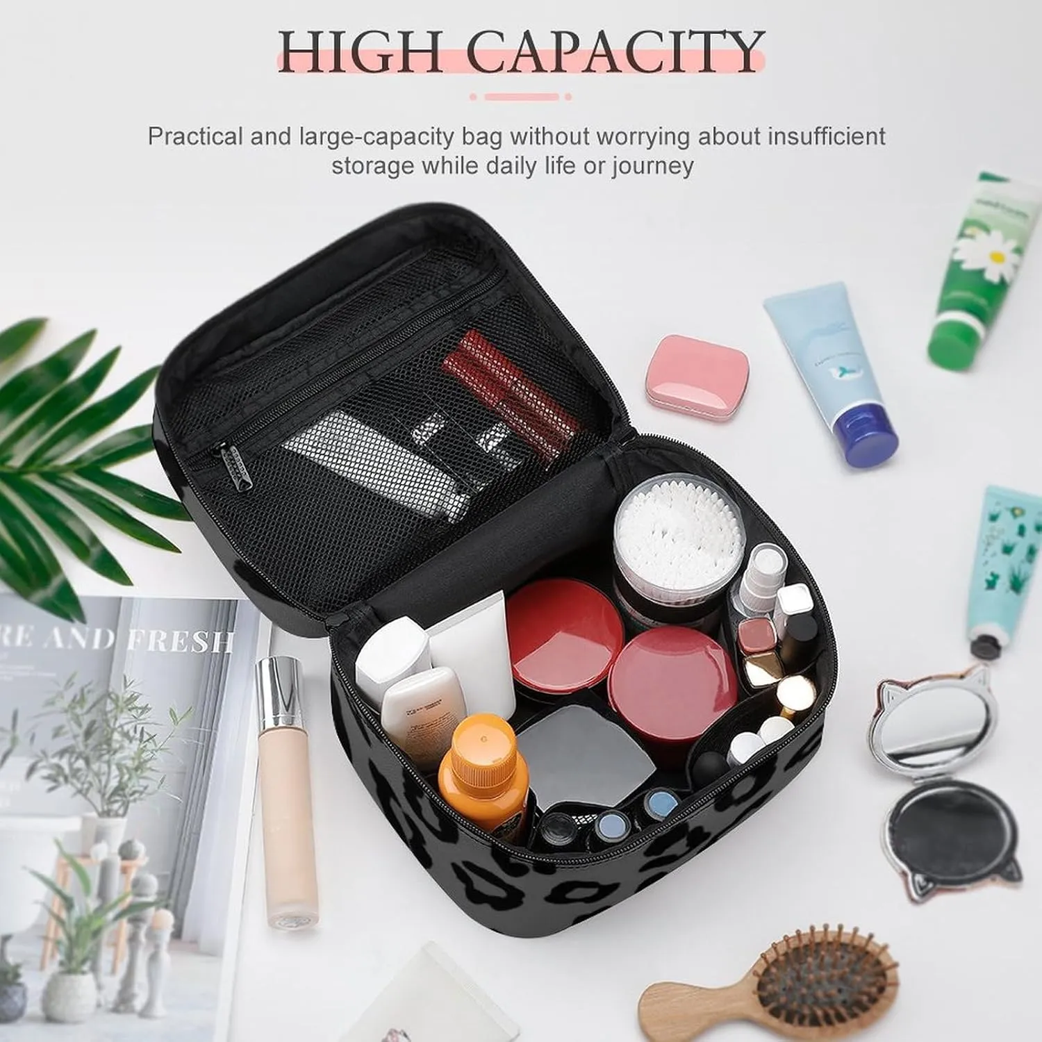 Large Capacity Makeup Bag for Women, Multifunctional Portable Cosmetic Case Dark Gray Black Leopard Cheetah Print Toiletry Organizer Bag Travel Accessories