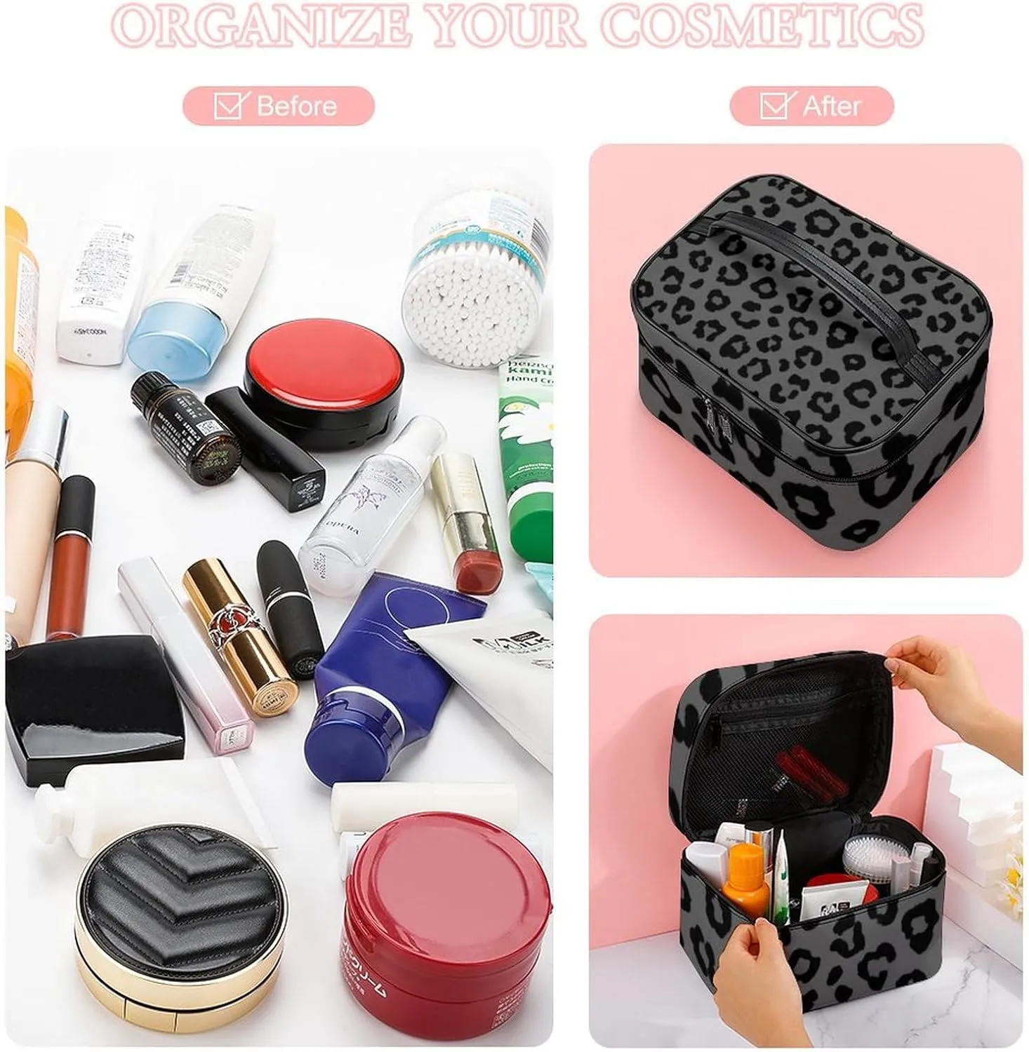 Large Capacity Makeup Bag for Women, Multifunctional Portable Cosmetic Case Dark Gray Black Leopard Cheetah Print Toiletry Organizer Bag Travel Accessories
