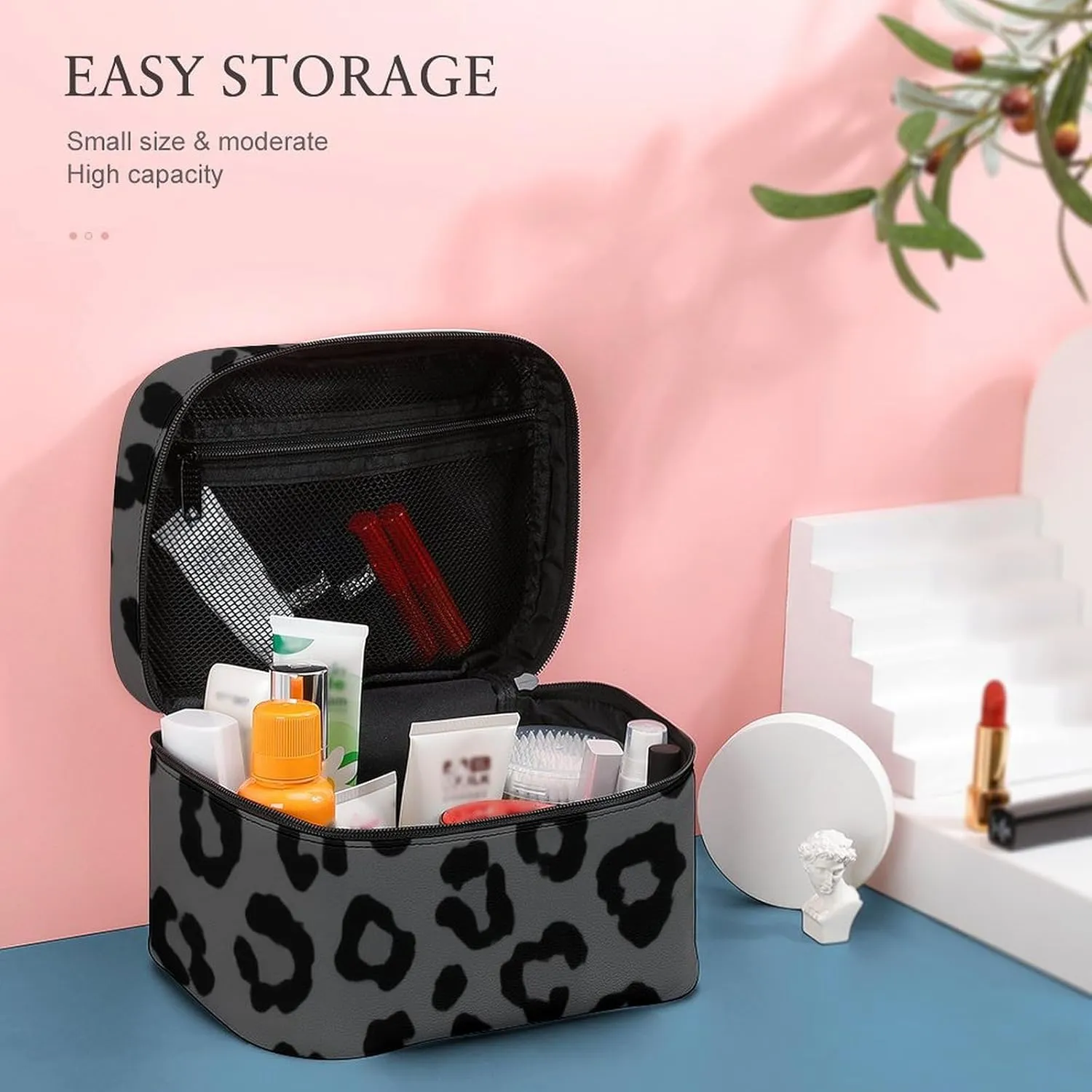 Large Capacity Makeup Bag for Women, Multifunctional Portable Cosmetic Case Dark Gray Black Leopard Cheetah Print Toiletry Organizer Bag Travel Accessories