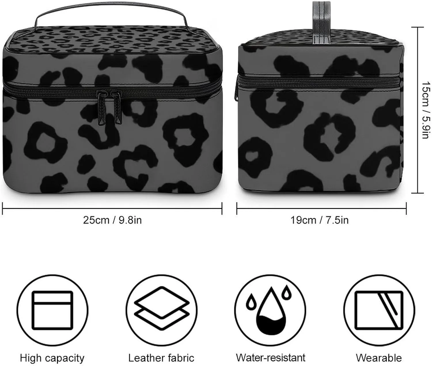 Large Capacity Makeup Bag for Women, Multifunctional Portable Cosmetic Case Dark Gray Black Leopard Cheetah Print Toiletry Organizer Bag Travel Accessories