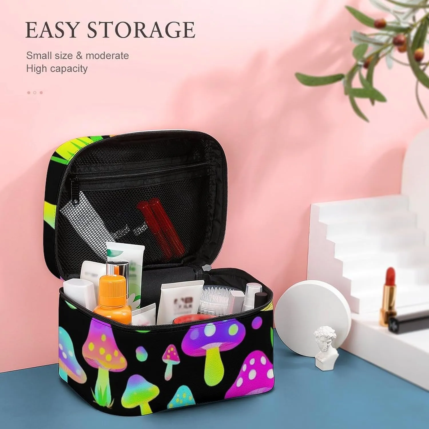 Large Capacity Makeup Bag for Women, Multifunctional Portable Cosmetic Case Neon Mushrooms Pattern Purple Toiletry Organizer Bag Travel Accessories