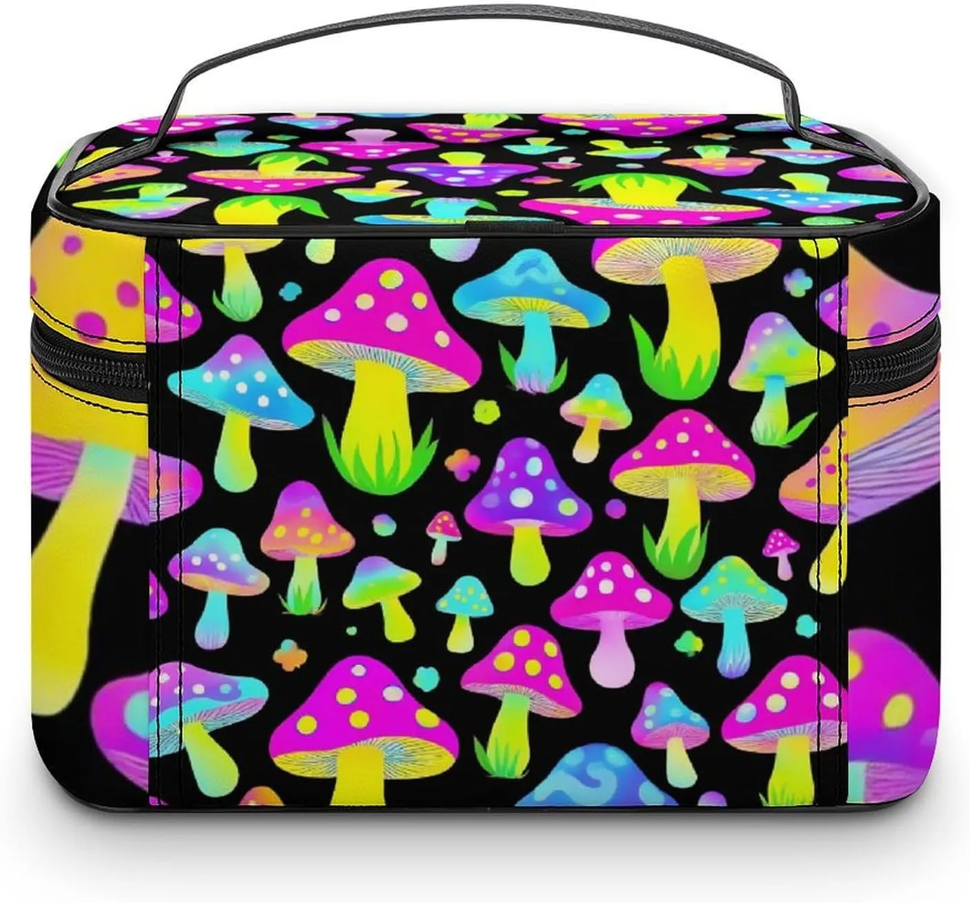 Large Capacity Makeup Bag for Women, Multifunctional Portable Cosmetic Case Neon Mushrooms Pattern Purple Toiletry Organizer Bag Travel Accessories