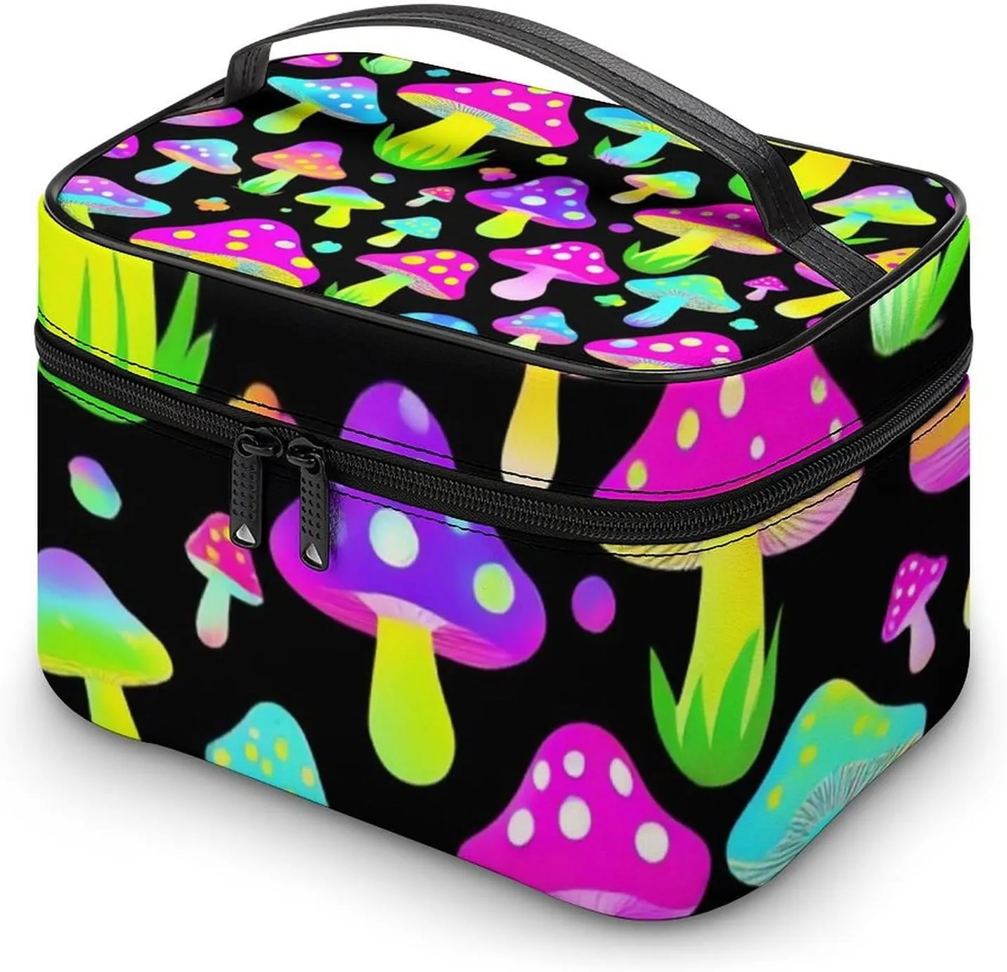 Large Capacity Makeup Bag for Women, Multifunctional Portable Cosmetic Case Neon Mushrooms Pattern Purple Toiletry Organizer Bag Travel Accessories
