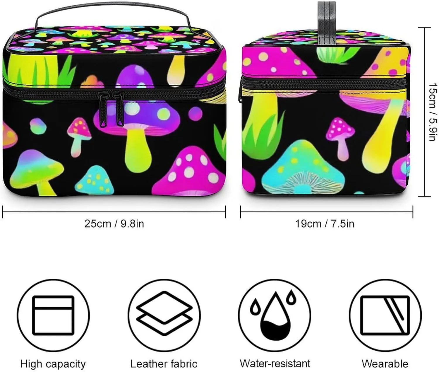 Large Capacity Makeup Bag for Women, Multifunctional Portable Cosmetic Case Neon Mushrooms Pattern Purple Toiletry Organizer Bag Travel Accessories