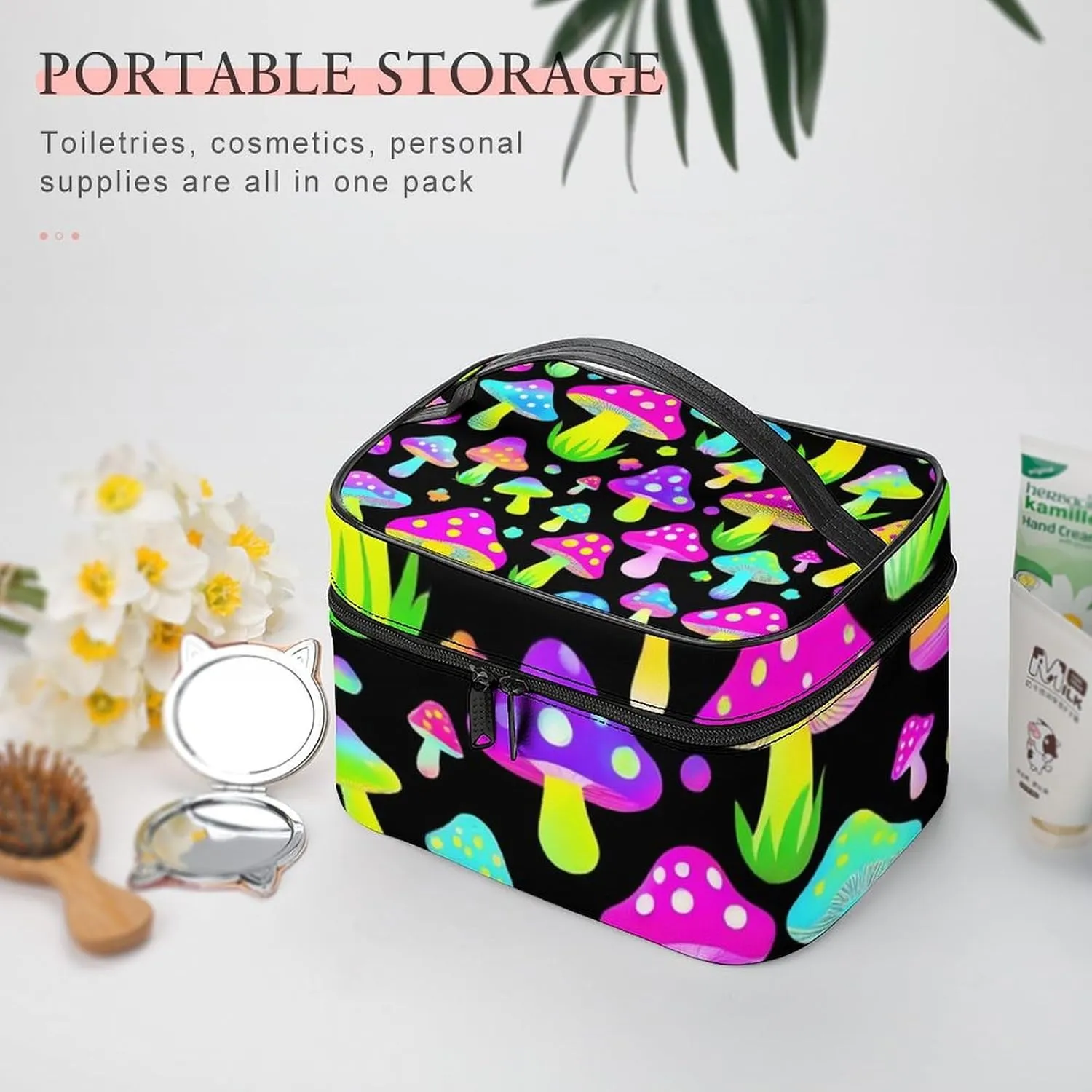 Large Capacity Makeup Bag for Women, Multifunctional Portable Cosmetic Case Neon Mushrooms Pattern Purple Toiletry Organizer Bag Travel Accessories