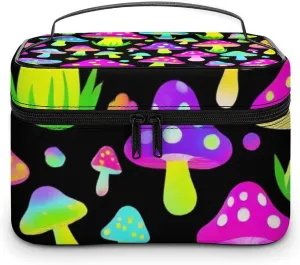 Large Capacity Makeup Bag for Women, Multifunctional Portable Cosmetic Case Neon Mushrooms Pattern Purple Toiletry Organizer Bag Travel Accessories