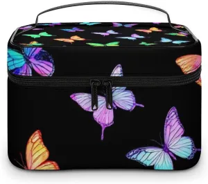 Large Capacity Makeup Organizer Bag, Portable Stylish Cosmetic Case with Zipper Pouch Black Colorful Monarch Butterfly Toiletry Storage Bag Travel Accessories