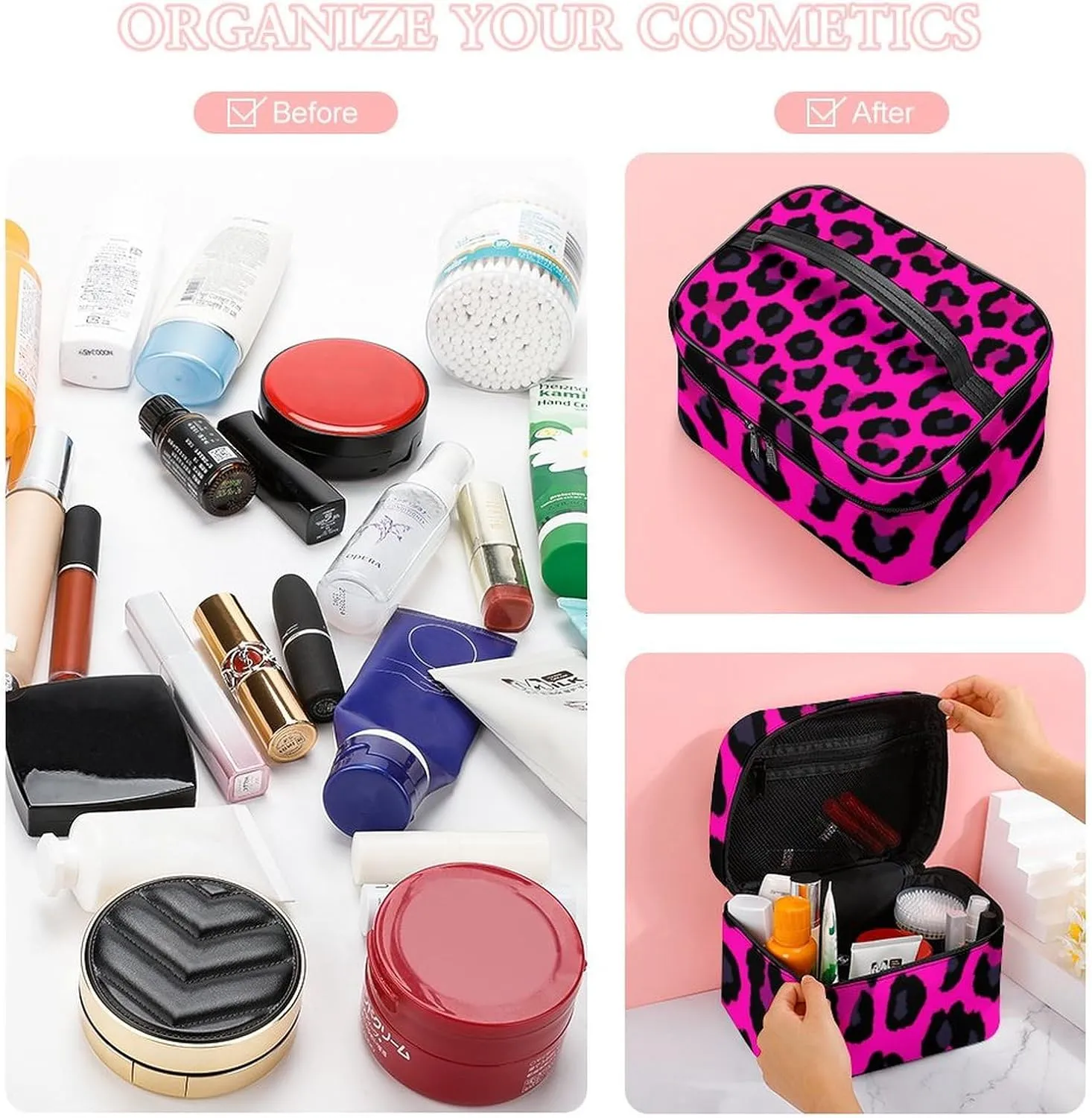 Large Capacity Makeup Organizer Bag, Portable Stylish Cosmetic Case with Zipper Pouch Pink Cheetah Leopard Print Toiletry Storage Bag Travel Accessories