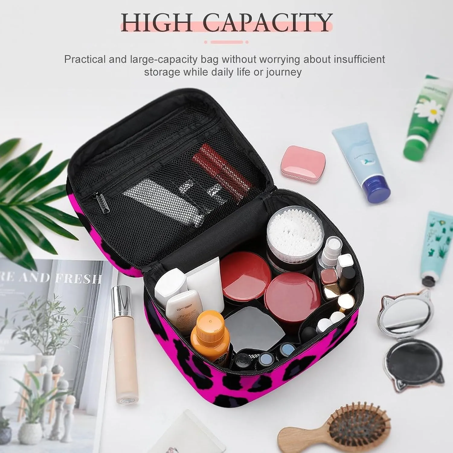 Large Capacity Makeup Organizer Bag, Portable Stylish Cosmetic Case with Zipper Pouch Pink Cheetah Leopard Print Toiletry Storage Bag Travel Accessories