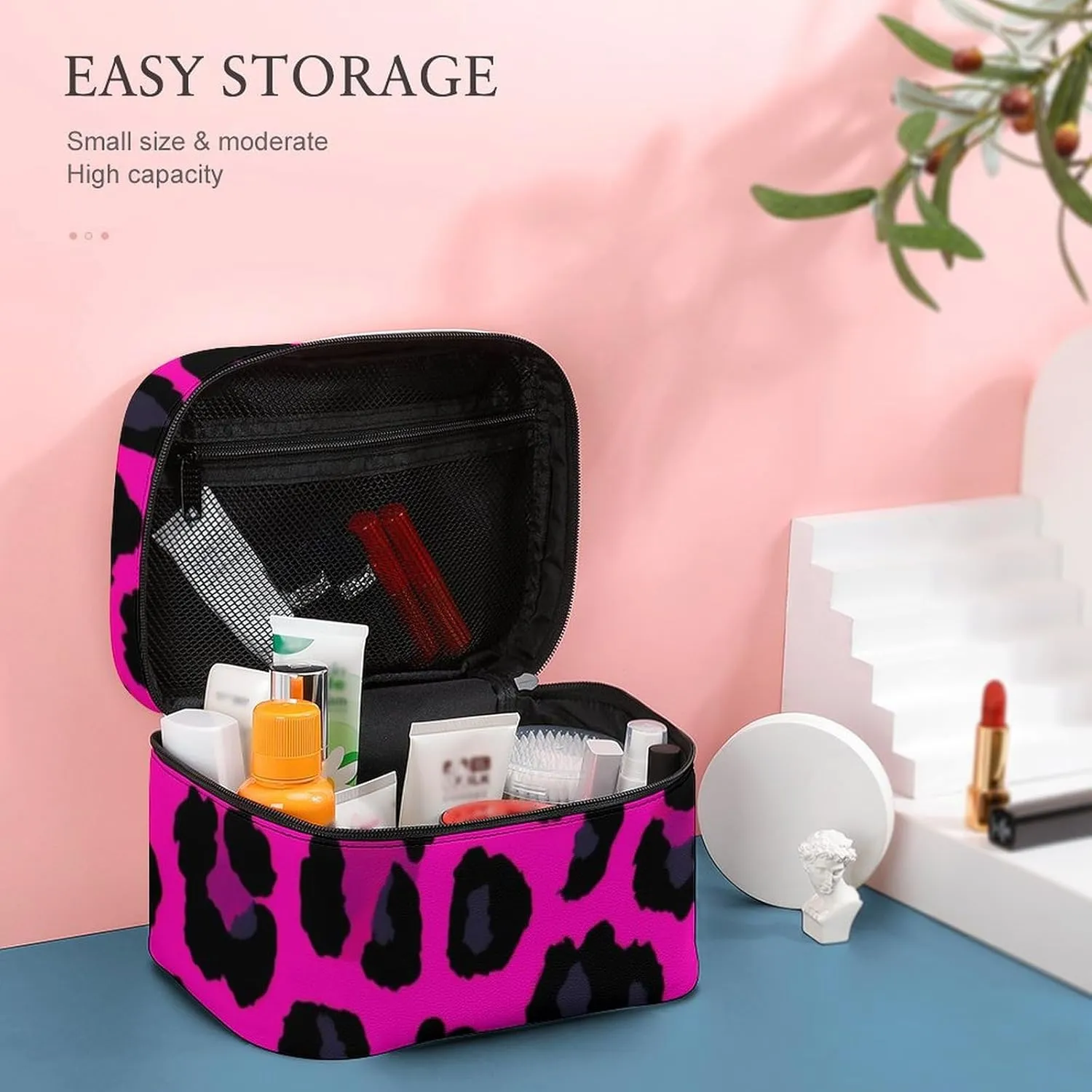 Large Capacity Makeup Organizer Bag, Portable Stylish Cosmetic Case with Zipper Pouch Pink Cheetah Leopard Print Toiletry Storage Bag Travel Accessories
