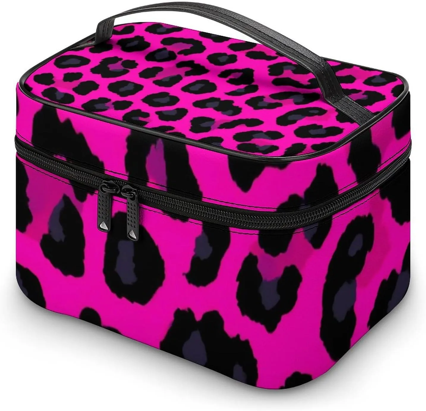 Large Capacity Makeup Organizer Bag, Portable Stylish Cosmetic Case with Zipper Pouch Pink Cheetah Leopard Print Toiletry Storage Bag Travel Accessories