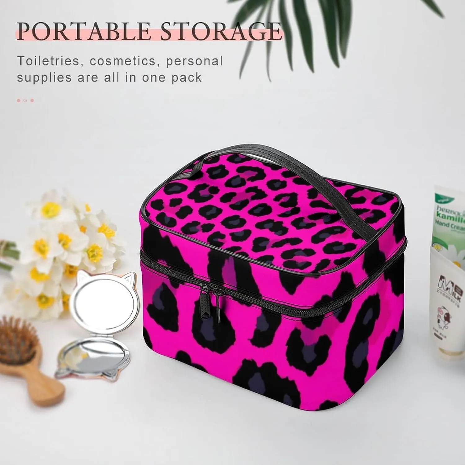 Large Capacity Makeup Organizer Bag, Portable Stylish Cosmetic Case with Zipper Pouch Pink Cheetah Leopard Print Toiletry Storage Bag Travel Accessories