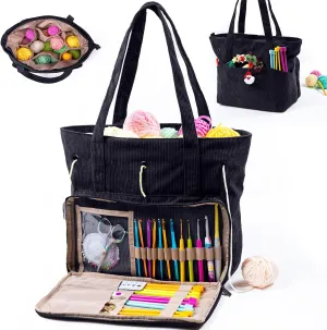 Large Crochet Bag and Tote - Corduroy Yarn Bag - Yarn Holder for Crocheting - Crochet Storage Bag for Crochet Hooks, Crochet Accessories, Knitting Bag for Crochet Lovers, Mother's Day Gift
