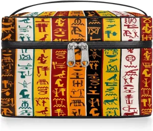 Large Makeup Bag Abstract African Egyptian Print Cosmetic Bag, Travel Toiletry Bag for Women Cute Skincare Pouches with Handle Divider,Portable Aesthetic Makeup Box Organizer Bag for Girls