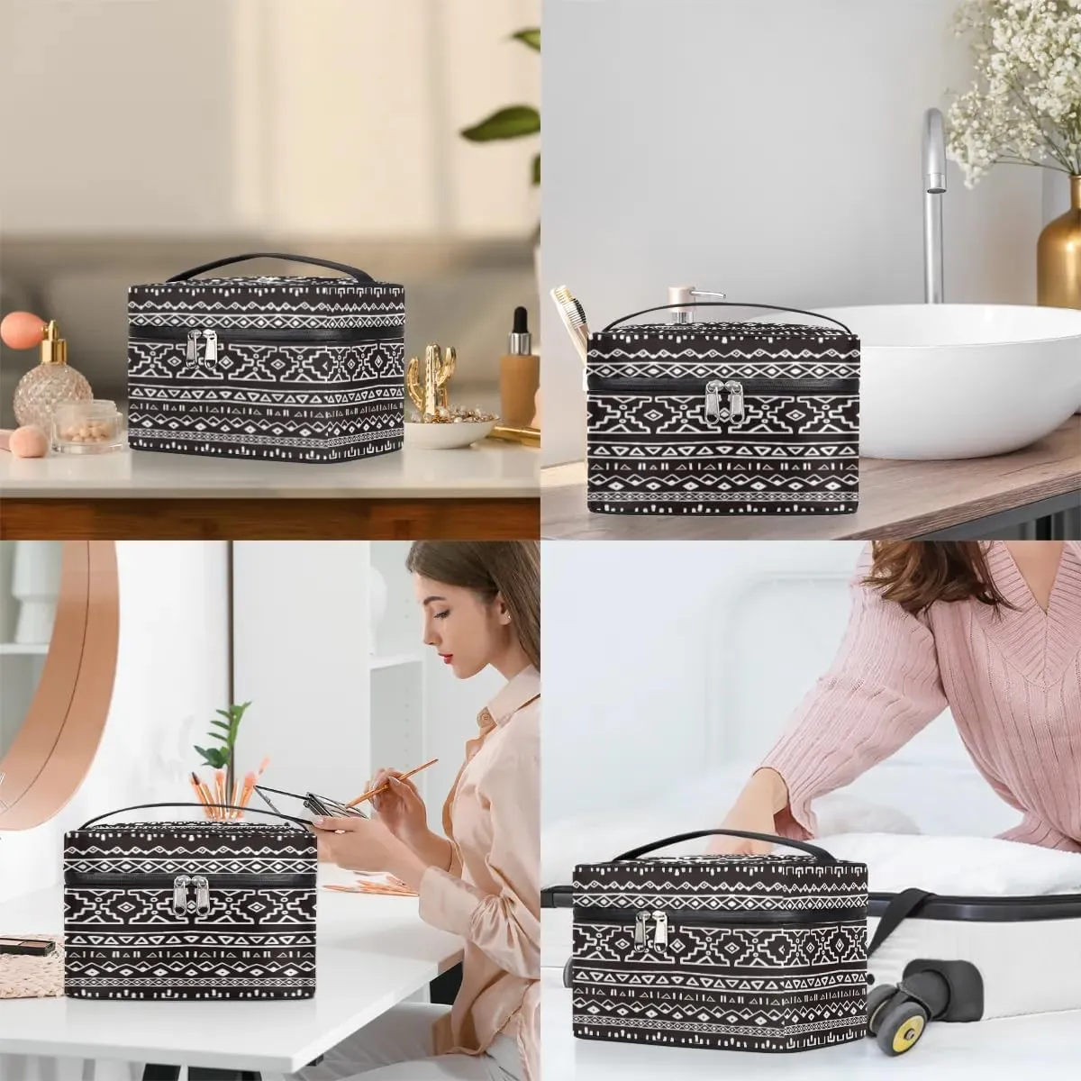 Large Makeup Bag Aztec African Retro Cosmetic Bag, Travel Toiletry Bag for Women Cute Skincare Pouches with Handle Divider,Portable Aesthetic Makeup Box Organizer Bag for Girls