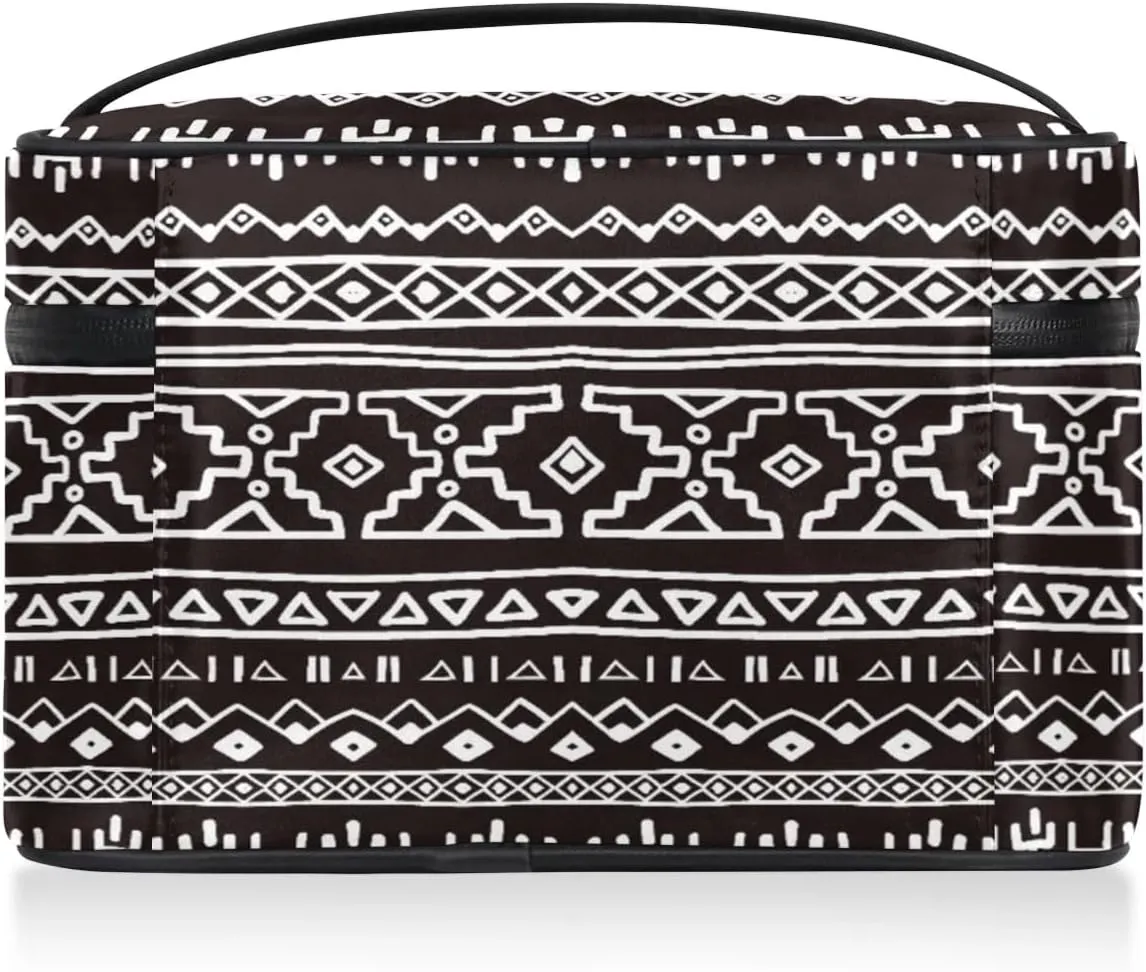 Large Makeup Bag Aztec African Retro Cosmetic Bag, Travel Toiletry Bag for Women Cute Skincare Pouches with Handle Divider,Portable Aesthetic Makeup Box Organizer Bag for Girls