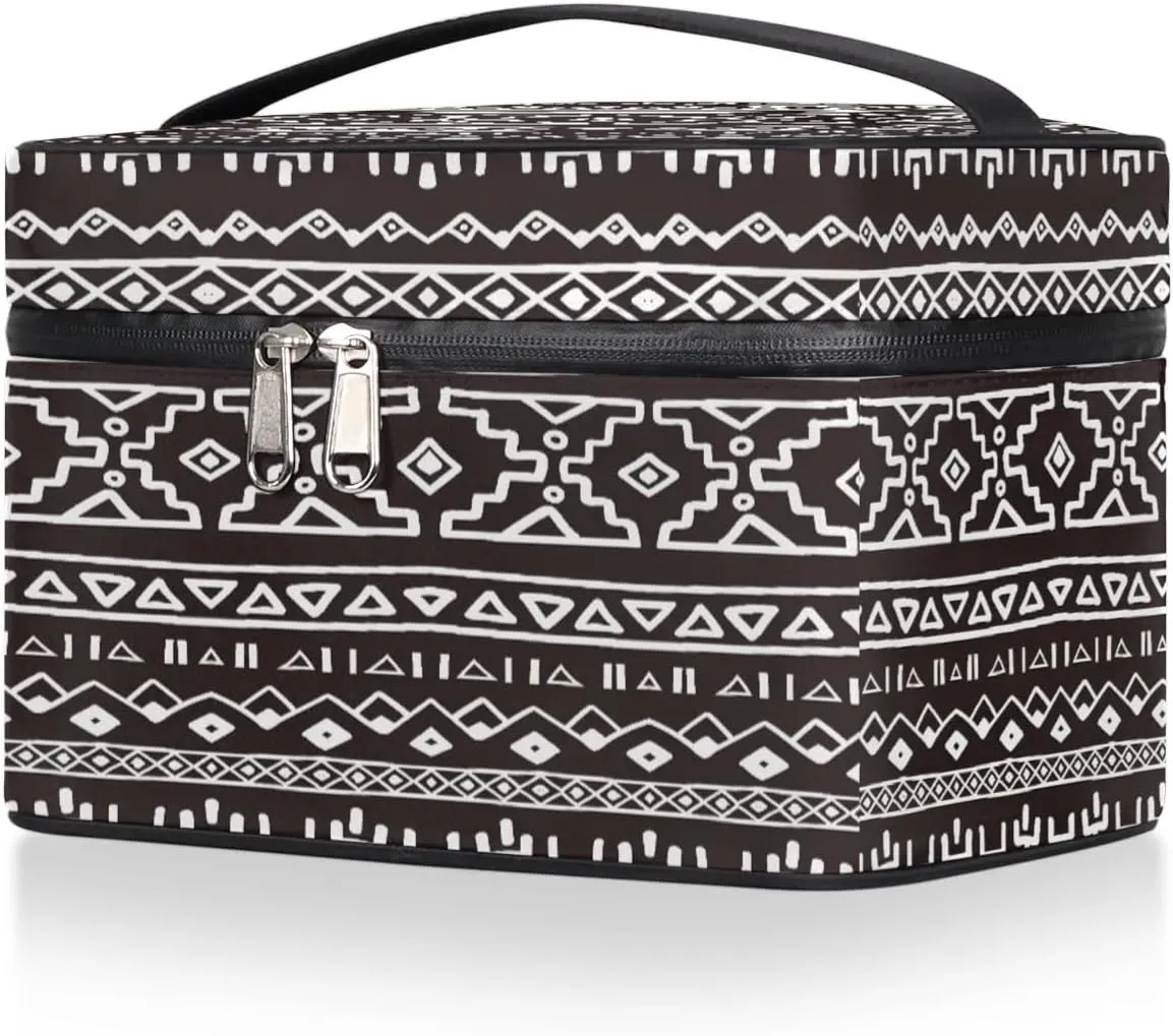 Large Makeup Bag Aztec African Retro Cosmetic Bag, Travel Toiletry Bag for Women Cute Skincare Pouches with Handle Divider,Portable Aesthetic Makeup Box Organizer Bag for Girls