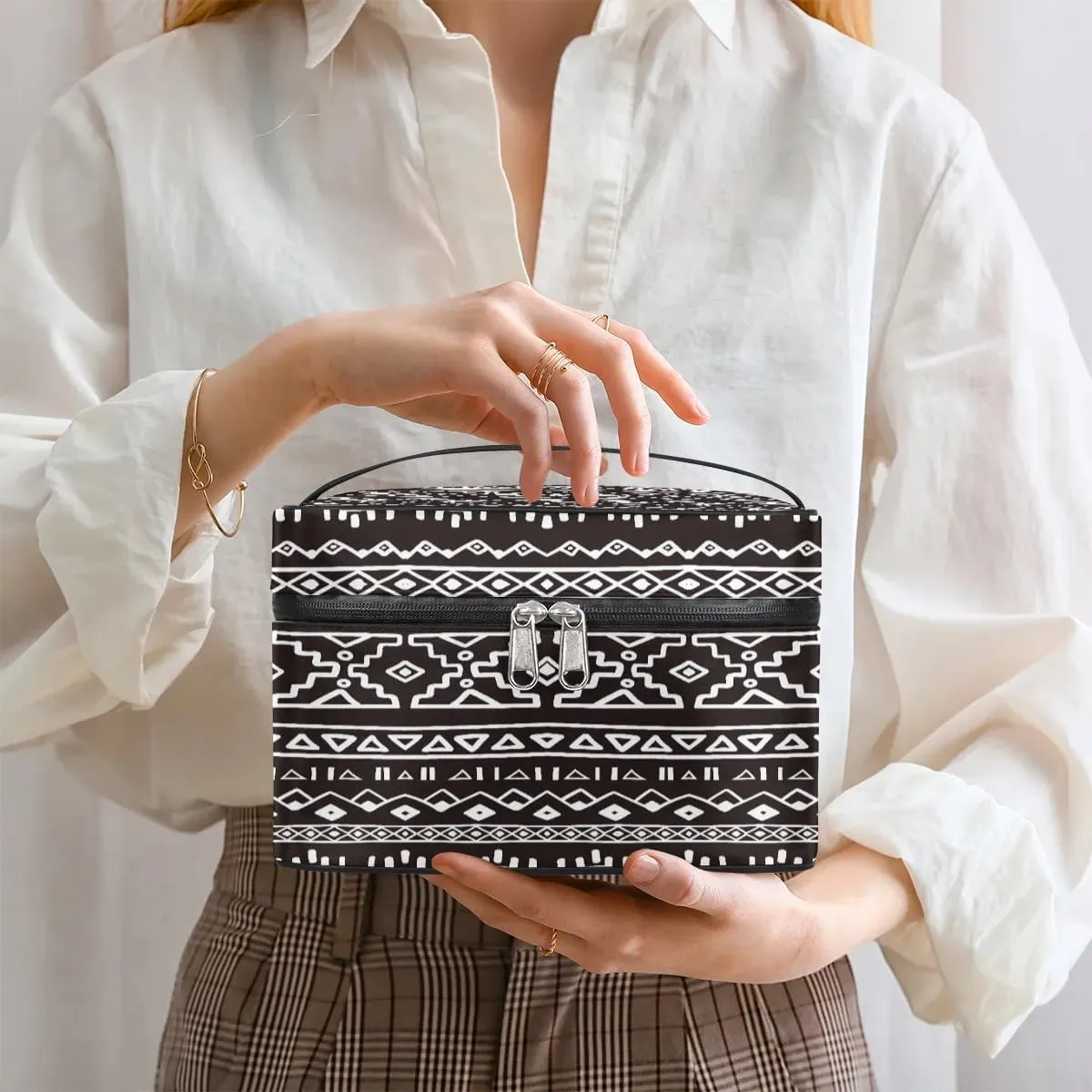 Large Makeup Bag Aztec African Retro Cosmetic Bag, Travel Toiletry Bag for Women Cute Skincare Pouches with Handle Divider,Portable Aesthetic Makeup Box Organizer Bag for Girls