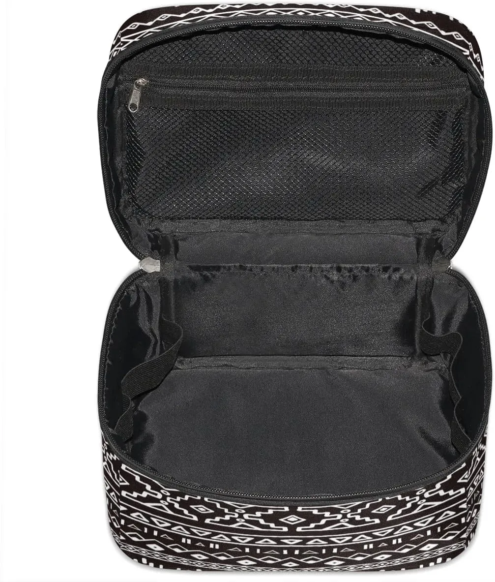 Large Makeup Bag Aztec African Retro Cosmetic Bag, Travel Toiletry Bag for Women Cute Skincare Pouches with Handle Divider,Portable Aesthetic Makeup Box Organizer Bag for Girls