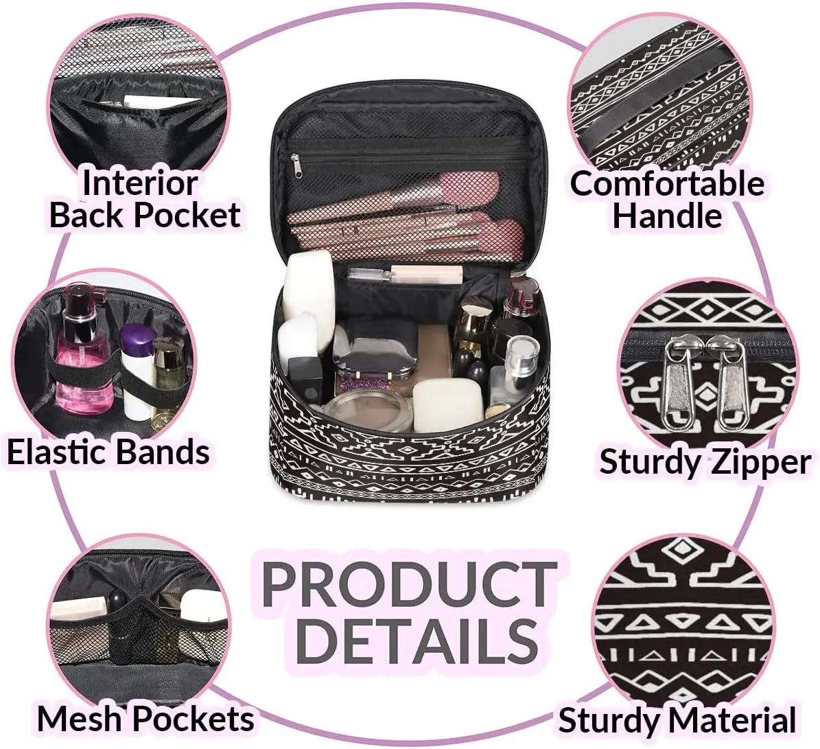 Large Makeup Bag Aztec African Retro Cosmetic Bag, Travel Toiletry Bag for Women Cute Skincare Pouches with Handle Divider,Portable Aesthetic Makeup Box Organizer Bag for Girls