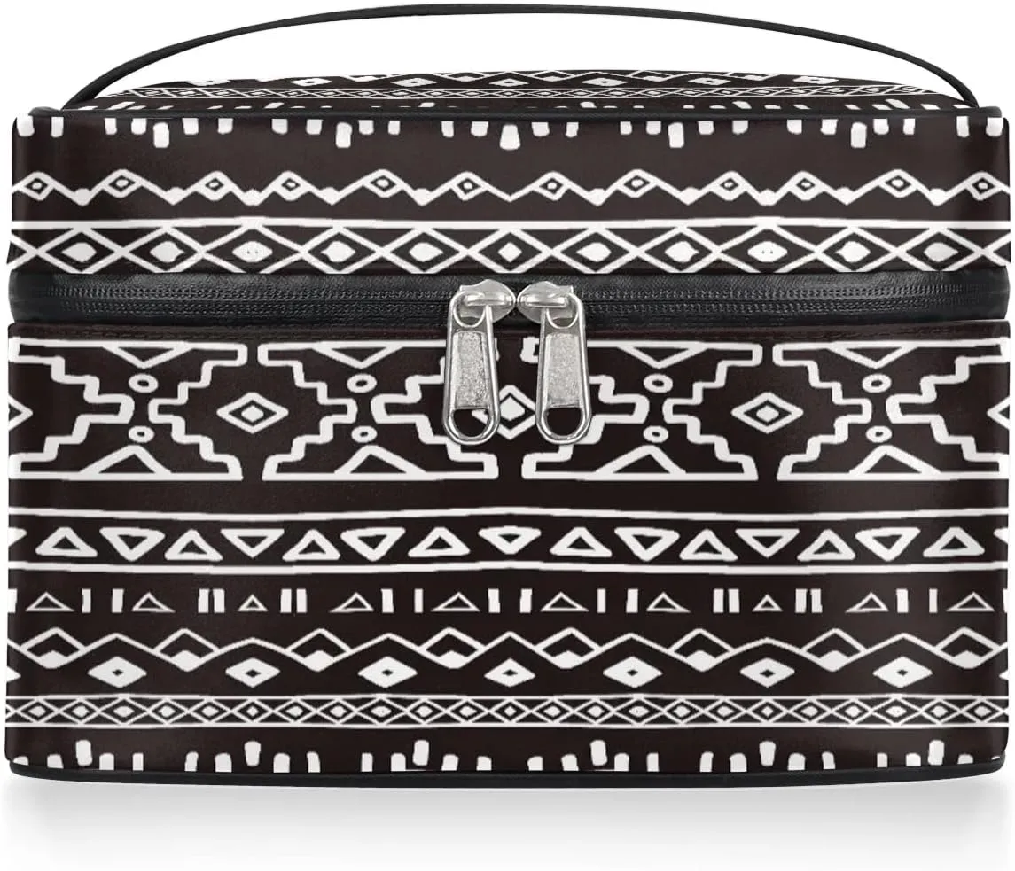 Large Makeup Bag Aztec African Retro Cosmetic Bag, Travel Toiletry Bag for Women Cute Skincare Pouches with Handle Divider,Portable Aesthetic Makeup Box Organizer Bag for Girls