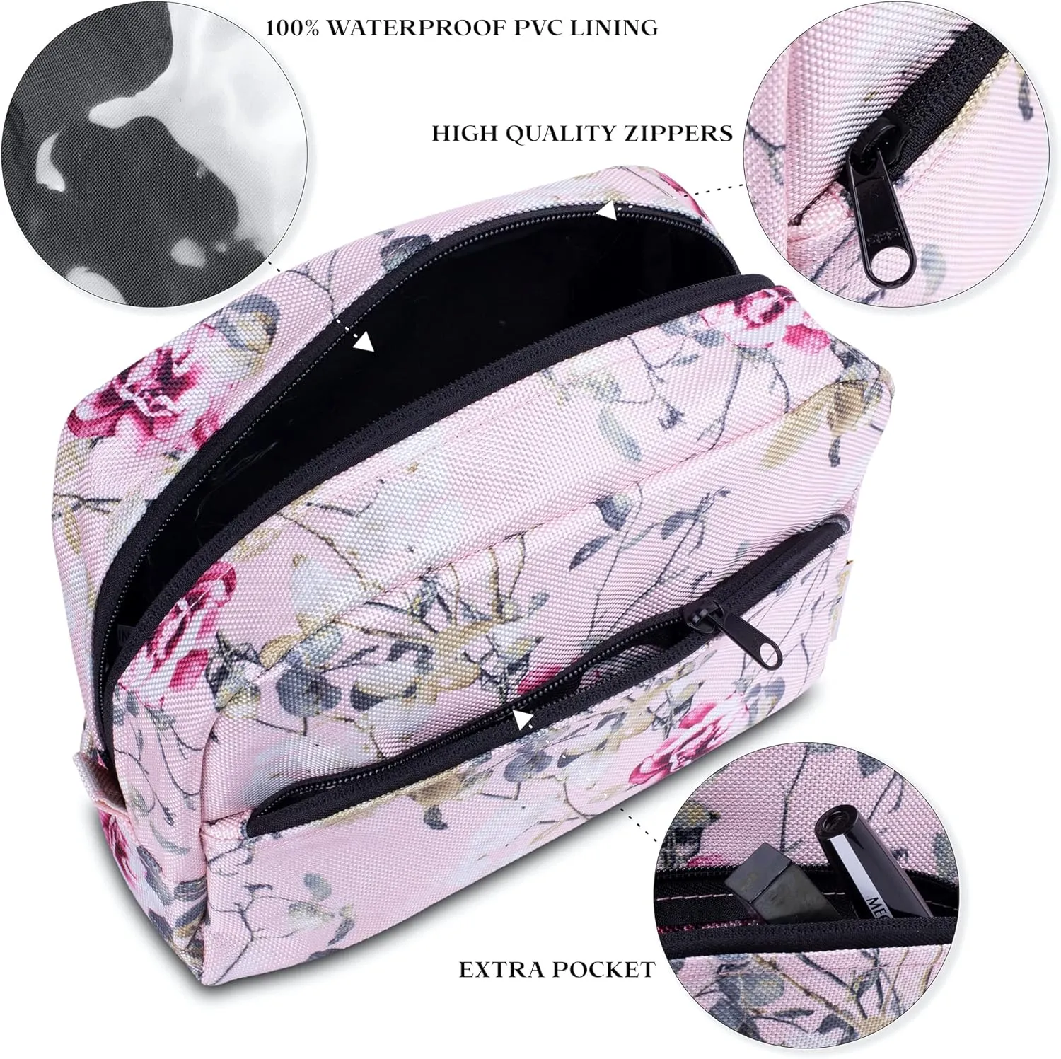 Large Makeup Bag For Women - Zippered Travel Cosmetic Bag - Versatile Leakproof Makeup Pouch (spring roses)