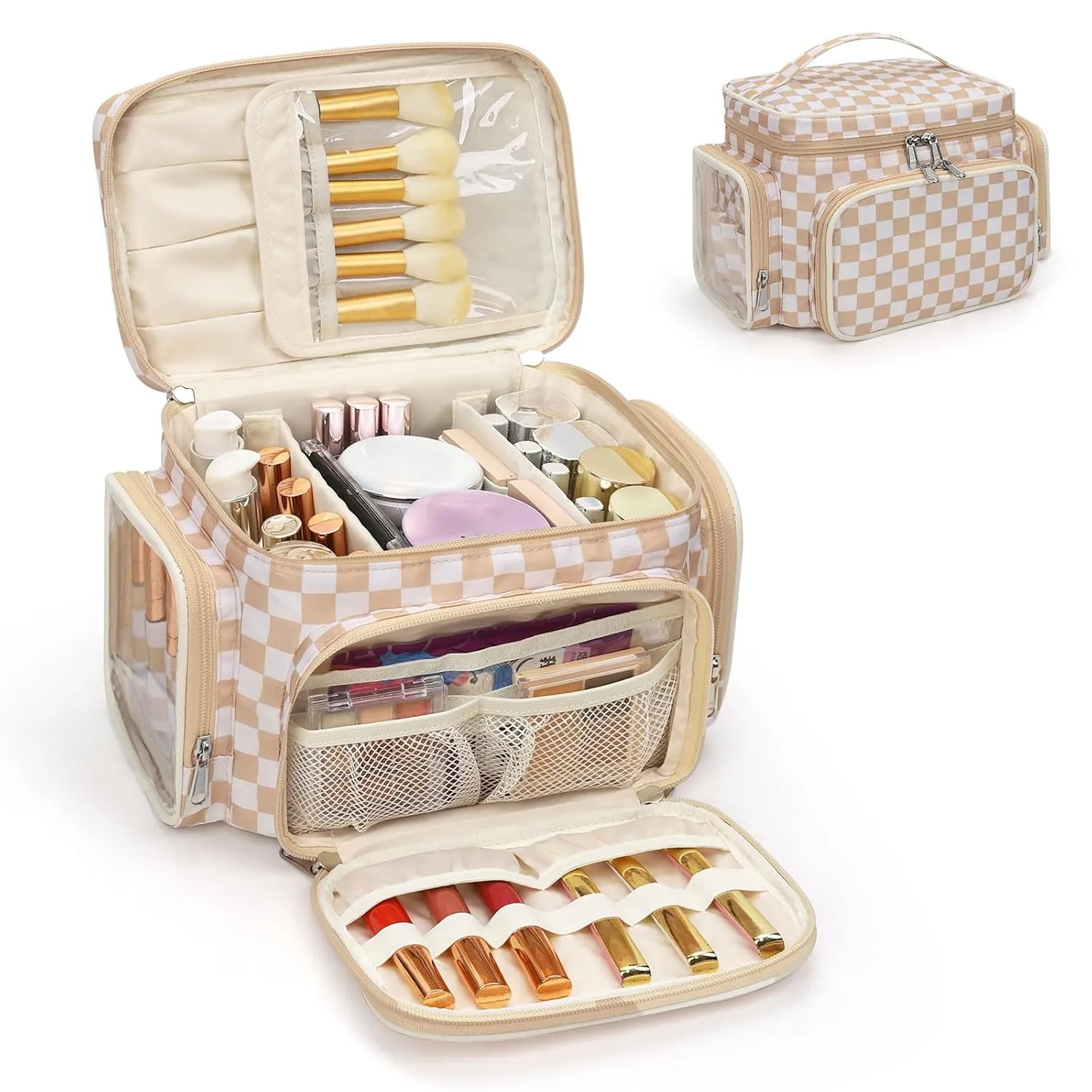 Large Makeup Bag, Portable Travel Makeup Bag Organizer for Women Girls with Makeup Brush Compartment & Two Side Pockets, Cosmetic Travel Bag Vertical Storage Toiletry Bag- Checkerboard