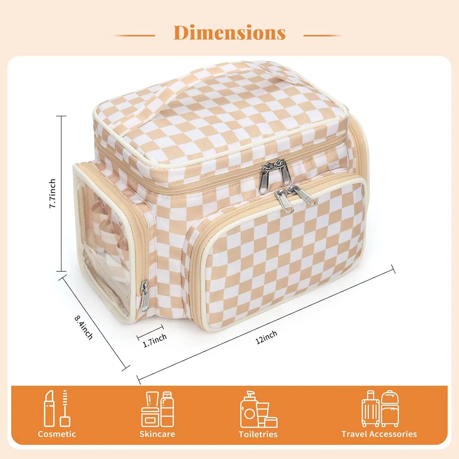 Large Makeup Bag, Portable Travel Makeup Bag Organizer for Women Girls with Makeup Brush Compartment & Two Side Pockets, Cosmetic Travel Bag Vertical Storage Toiletry Bag- Checkerboard