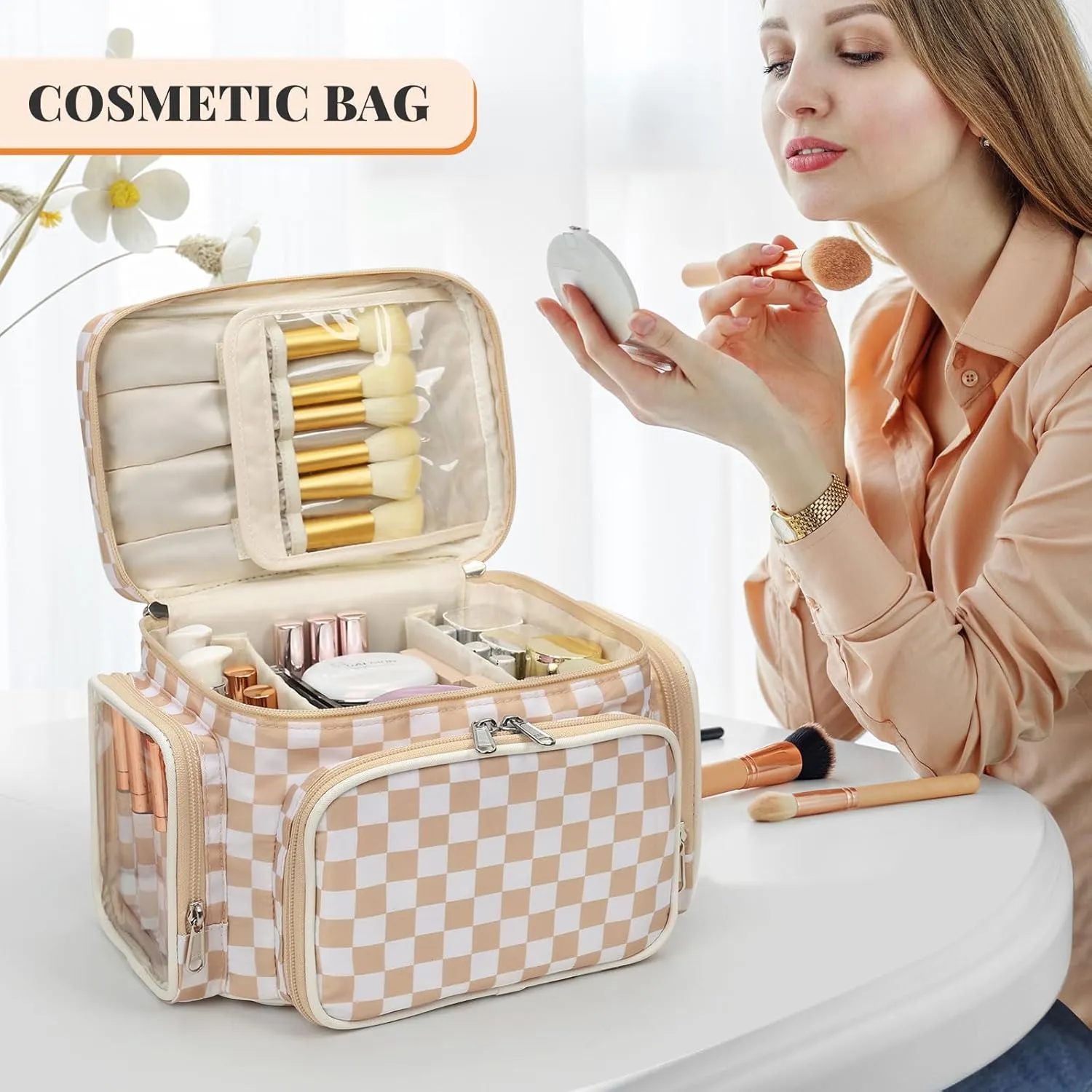 Large Makeup Bag, Portable Travel Makeup Bag Organizer for Women Girls with Makeup Brush Compartment & Two Side Pockets, Cosmetic Travel Bag Vertical Storage Toiletry Bag- Checkerboard