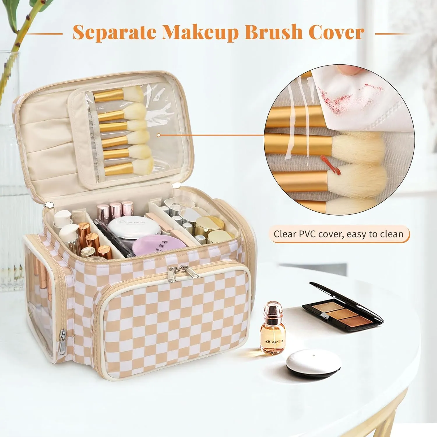 Large Makeup Bag, Portable Travel Makeup Bag Organizer for Women Girls with Makeup Brush Compartment & Two Side Pockets, Cosmetic Travel Bag Vertical Storage Toiletry Bag- Checkerboard