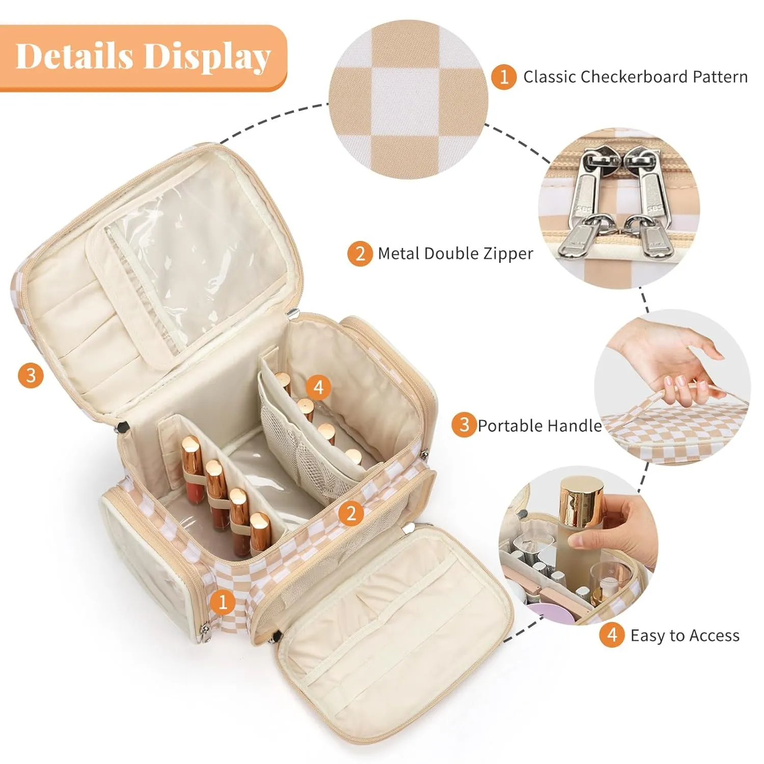 Large Makeup Bag, Portable Travel Makeup Bag Organizer for Women Girls with Makeup Brush Compartment & Two Side Pockets, Cosmetic Travel Bag Vertical Storage Toiletry Bag- Checkerboard
