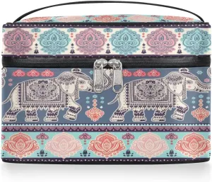 Large Makeup Bag Tribe Elephant Aztec Cosmetic Bag, Travel Toiletry Bag for Women Cute Skincare Pouches with Handle Divider,Portable Aesthetic Makeup Box Organizer Bag for Girls