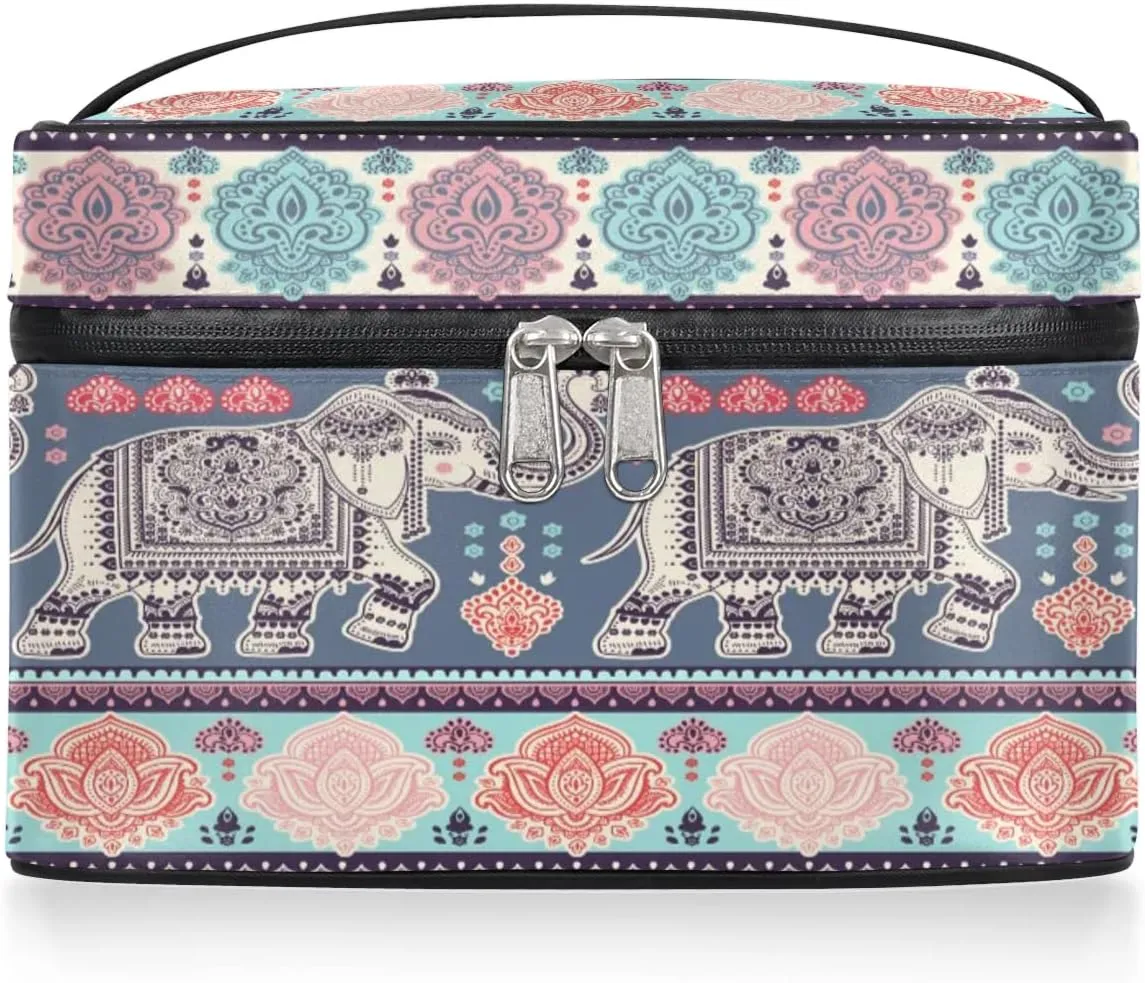 Large Makeup Bag Tribe Elephant Aztec Cosmetic Bag, Travel Toiletry Bag for Women Cute Skincare Pouches with Handle Divider,Portable Aesthetic Makeup Box Organizer Bag for Girls