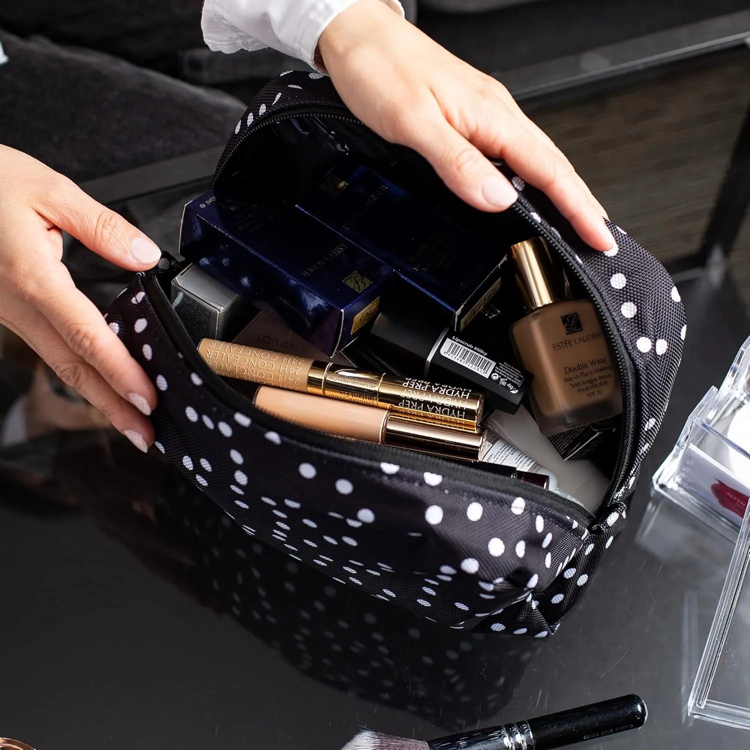 Large Makeup Bag - Waterproof Travel Cosmetic Bag - Zippered Travel Pouch (black polka dot 2)