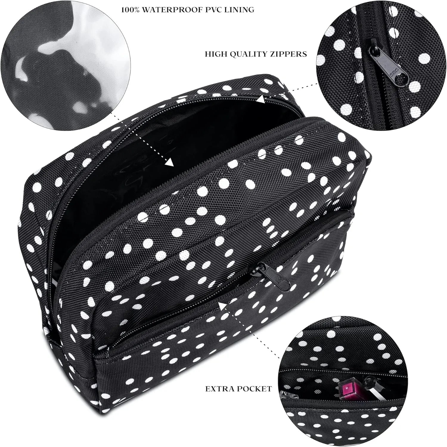 Large Makeup Bag - Waterproof Travel Cosmetic Bag - Zippered Travel Pouch (black polka dot 2)