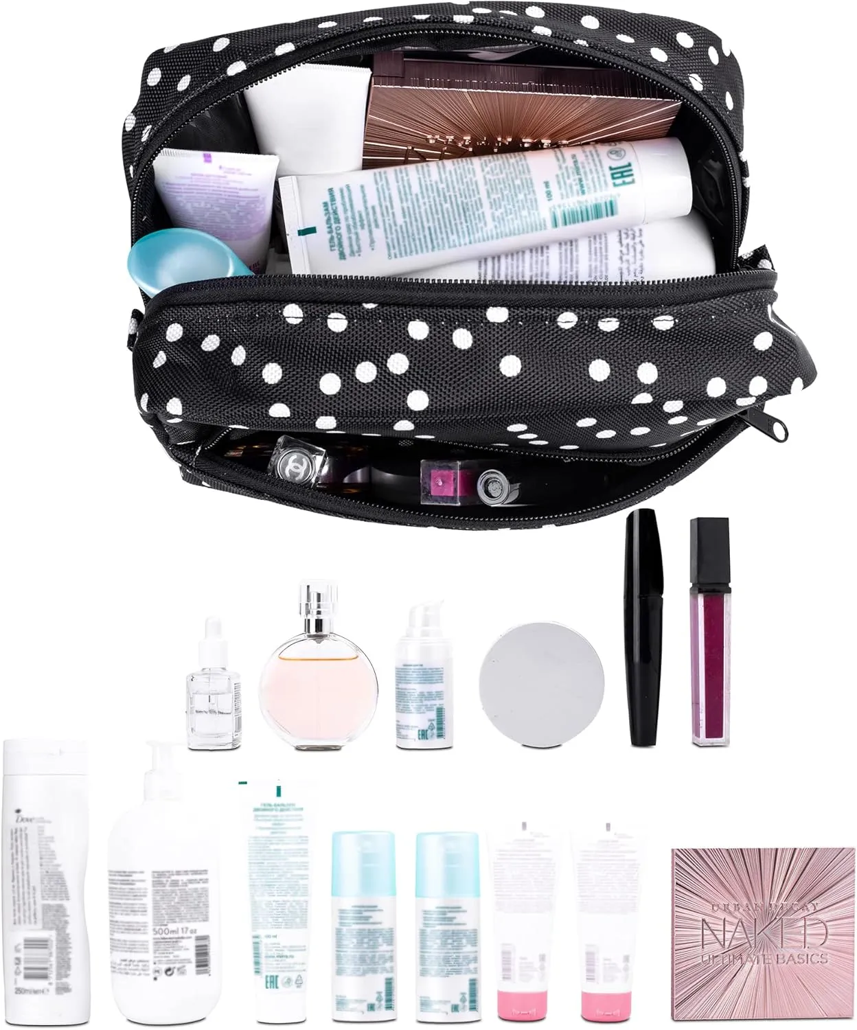 Large Makeup Bag - Waterproof Travel Cosmetic Bag - Zippered Travel Pouch (black polka dot 2)