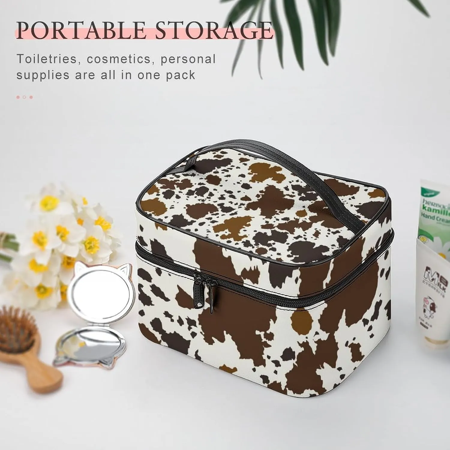 Large Portable Makeup Bag Organizer, Brown Skin Milk Cow Print Cosmetic Case Storage Bag with Adjustable Dividers Toiletry Travel Accessories Women Gift