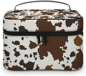 Large Portable Makeup Bag Organizer, Brown Skin Milk Cow Print Cosmetic Case Storage Bag with Adjustable Dividers Toiletry Travel Accessories Women Gift