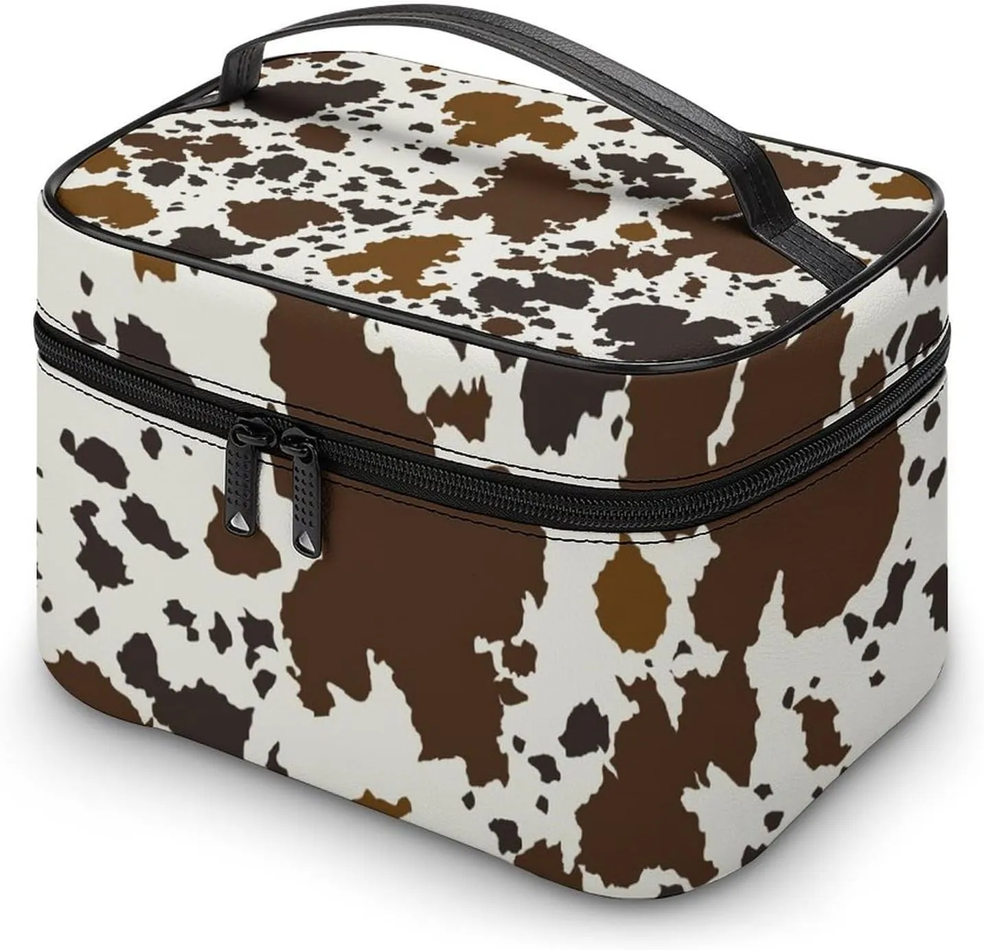 Large Portable Makeup Bag Organizer, Brown Skin Milk Cow Print Cosmetic Case Storage Bag with Adjustable Dividers Toiletry Travel Accessories Women Gift
