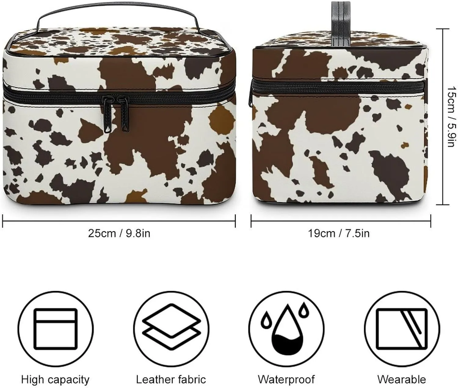 Large Portable Makeup Bag Organizer, Brown Skin Milk Cow Print Cosmetic Case Storage Bag with Adjustable Dividers Toiletry Travel Accessories Women Gift