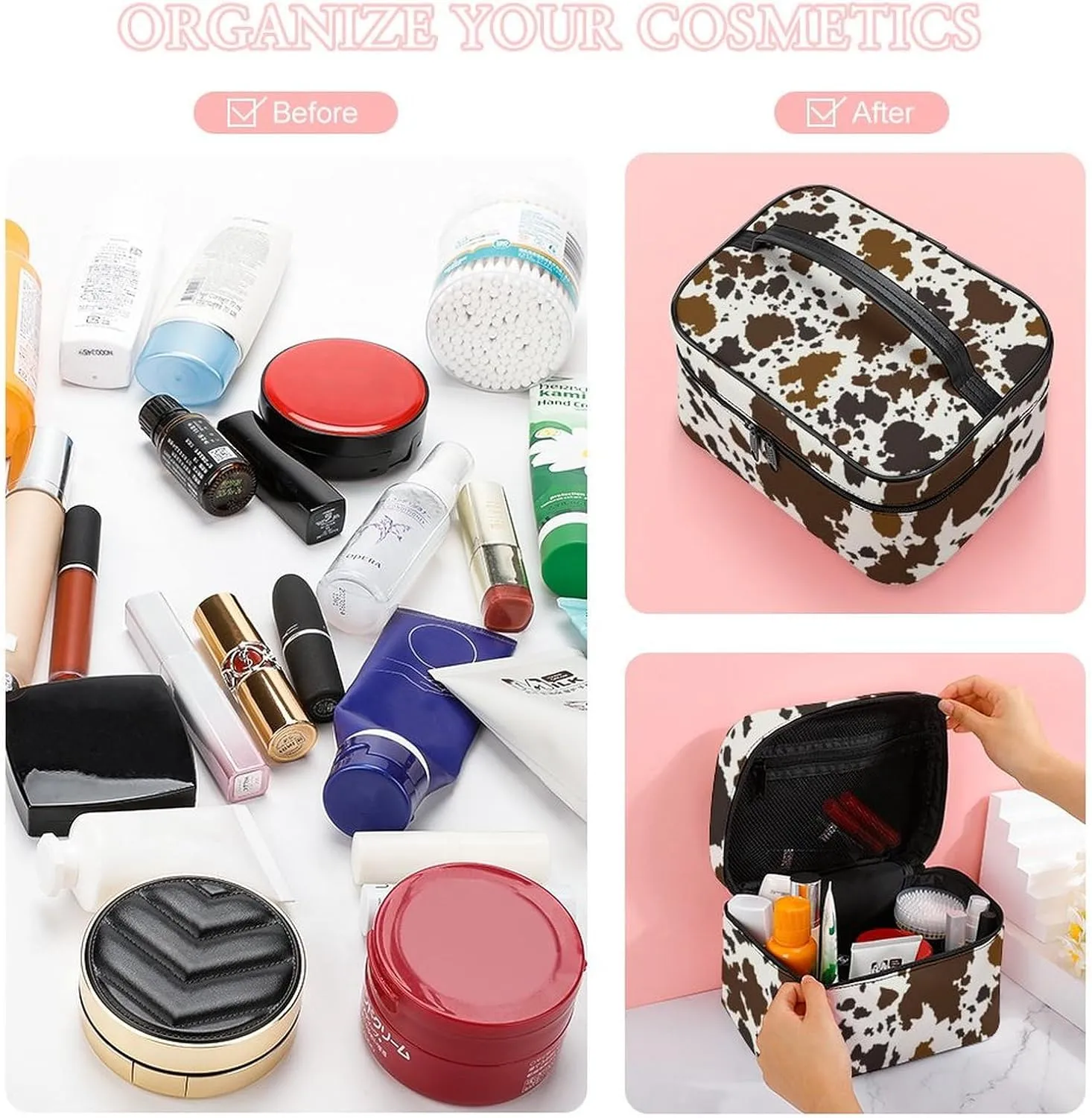 Large Portable Makeup Bag Organizer, Brown Skin Milk Cow Print Cosmetic Case Storage Bag with Adjustable Dividers Toiletry Travel Accessories Women Gift