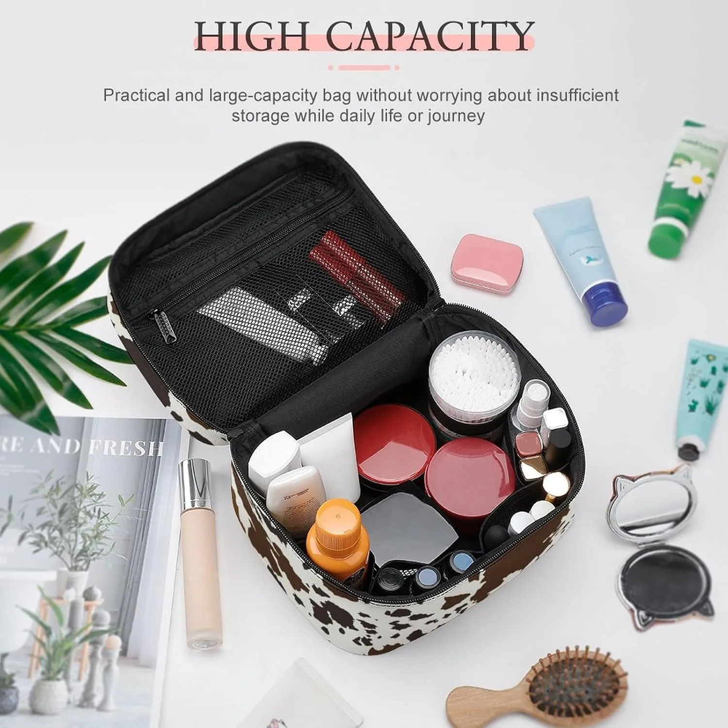 Large Portable Makeup Bag Organizer, Brown Skin Milk Cow Print Cosmetic Case Storage Bag with Adjustable Dividers Toiletry Travel Accessories Women Gift