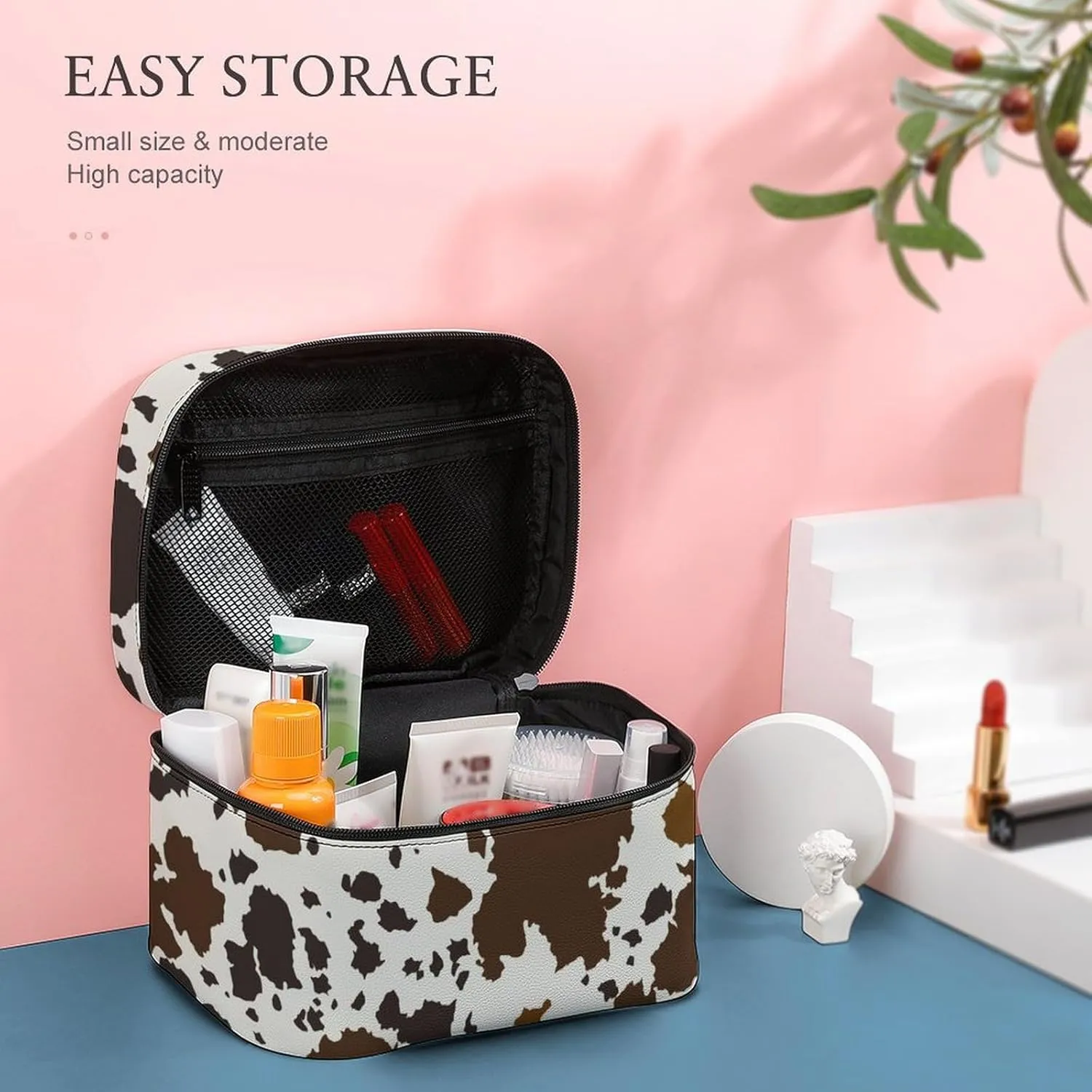 Large Portable Makeup Bag Organizer, Brown Skin Milk Cow Print Cosmetic Case Storage Bag with Adjustable Dividers Toiletry Travel Accessories Women Gift