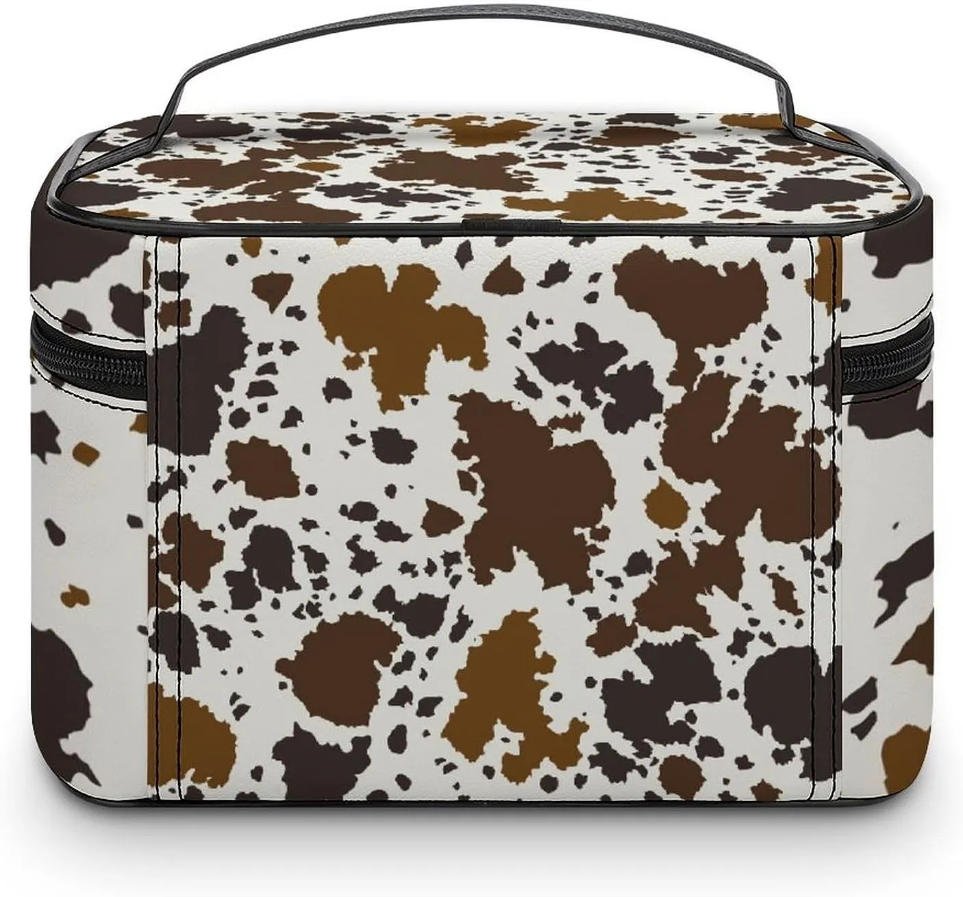 Large Portable Makeup Bag Organizer, Brown Skin Milk Cow Print Cosmetic Case Storage Bag with Adjustable Dividers Toiletry Travel Accessories Women Gift