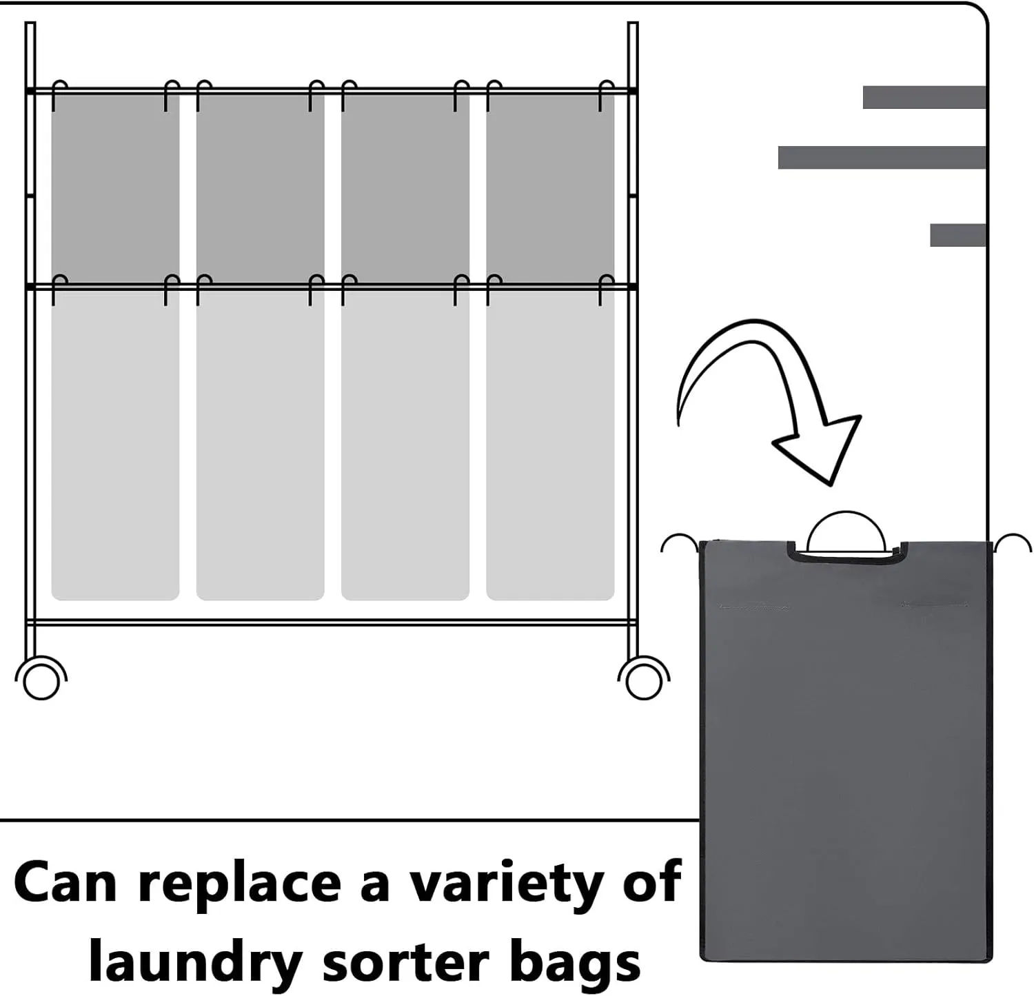 Laundry Sorter Replacement Bags Hamper Cart Removable Replacement Laundry Storage Organizer Bag Hamper Liner, No Hooks 14.76 x 8.66 x 21.65 Inch(Dark Gray,3 Pcs)