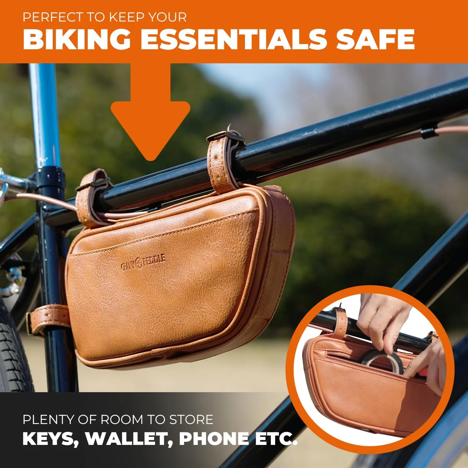 Leather Bicycles Frame Bag- Water Resistant Frame Bag for Bicycles/Motorcycle - Bike Storage Bag with Removable Straps - 1L Capacity - Bike Pouch (Triangular)
