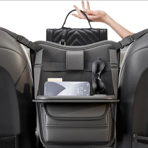 Leather Car Organizer Between Front Seats with Foldable Board Tissue Box Handbag Holder Purse Storage Pocket