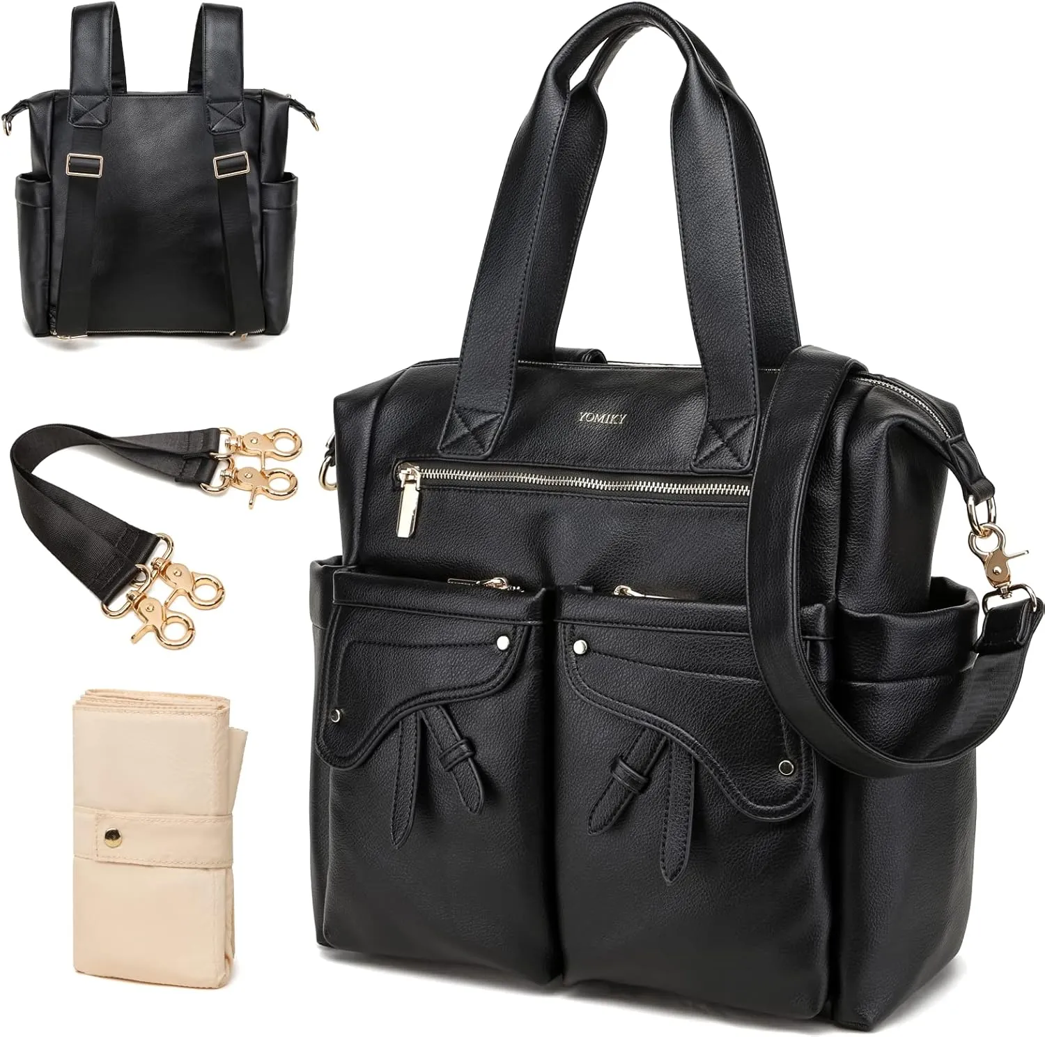 Leather Diaper Bag Backpack, Diaper Bag Tote Travel Tote Bags with Large Capacity and Multiple Pockets